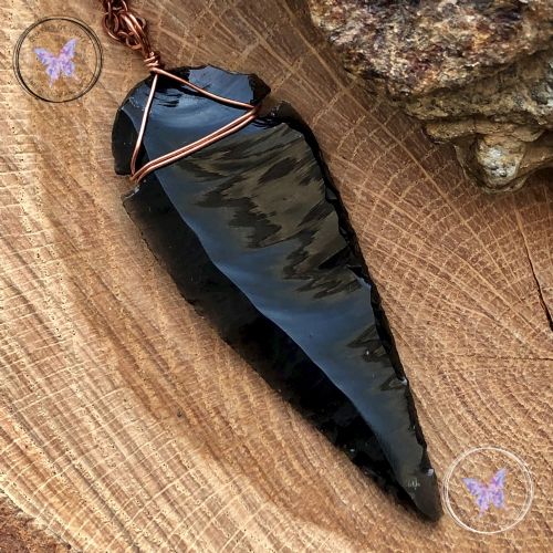 Black Obsidian Arrowhead Copper Pendant